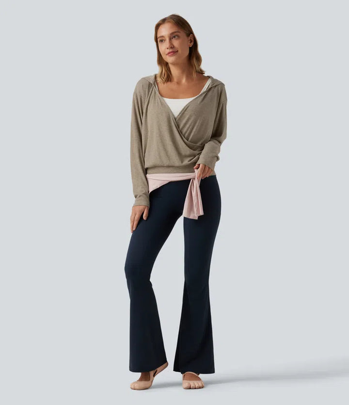 Hooded Dropped Long Sleeve Crossover Wrapped Yoga Sports Top