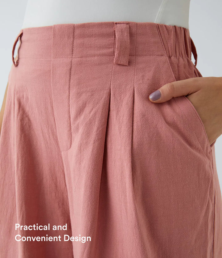 High Waisted Pocket Wide Leg Flowy Solid Palazzo Casual Linen-Feel Trousers
