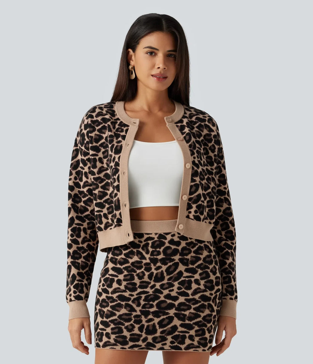 Round Neck Long Sleeve Leopard Print Casual Cardigan