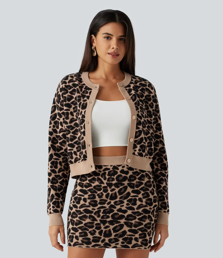 Round Neck Long Sleeve Leopard Print Casual Cardigan
