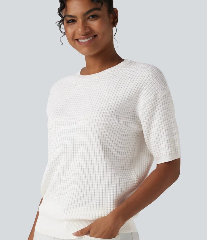 Round Neck Short Sleeve Waffle Casual Jumper