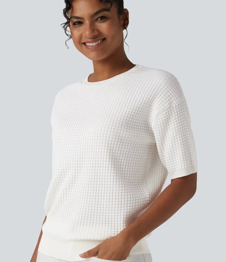 Round Neck Short Sleeve Waffle Casual Jumper