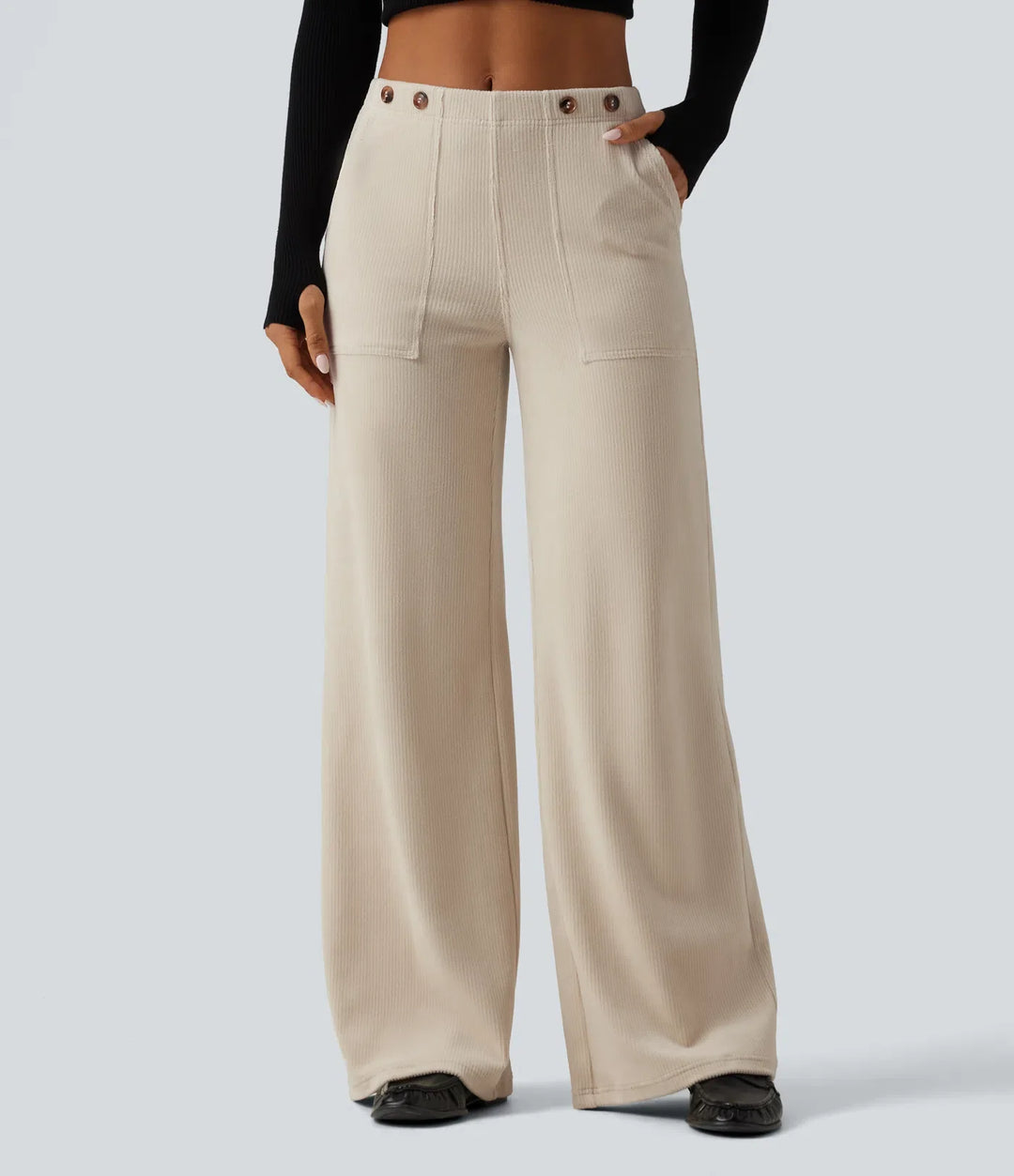Mid Rise Wide Leg Corduroy Casual Trousers with Pockets