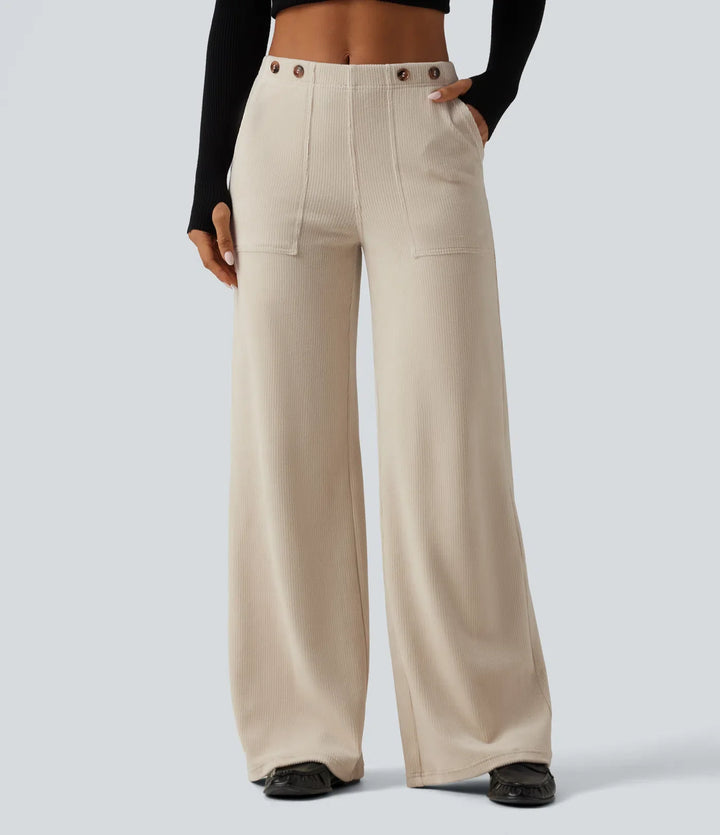 Mid Rise Wide Leg Corduroy Casual Trousers with Pockets