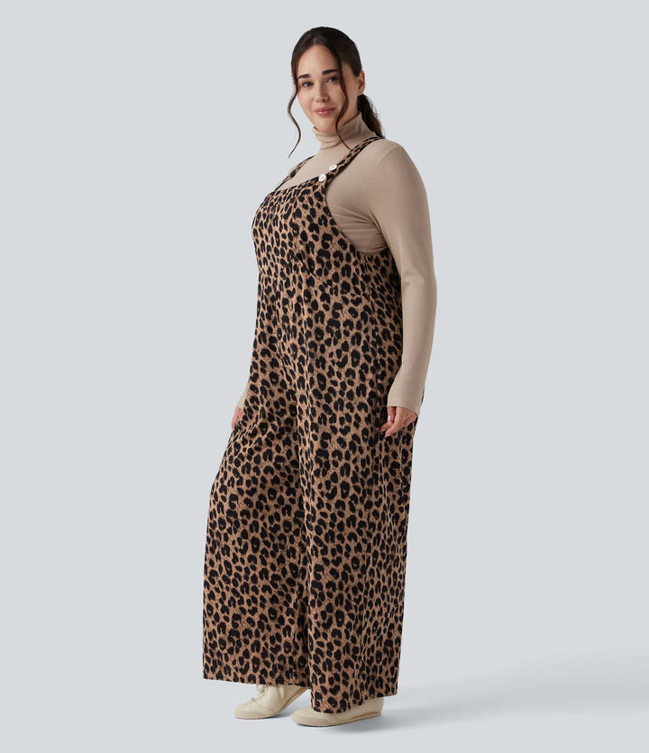 Leopard Print Waffle Casual Plus Size Dungarees with Pockets