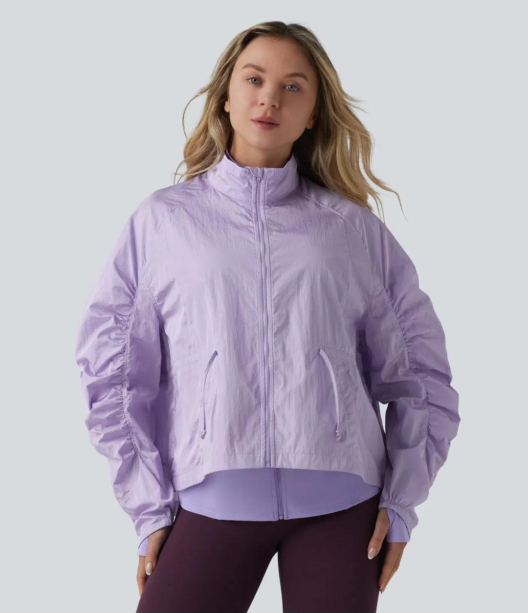 Durable Water Repellent Stand Collar Ruched Sleeve Drawstring Thumb Holes Hiking 3-in-1 Jacket with Pockets