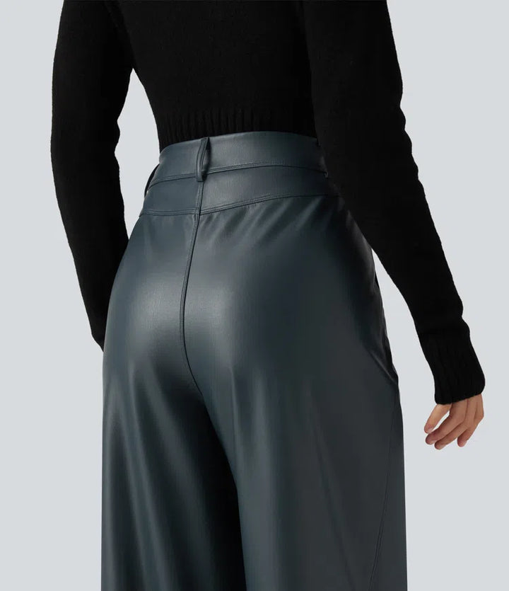 High Waisted Wide Leg Stretchy PU Fleece Casual Trousers with Pockets