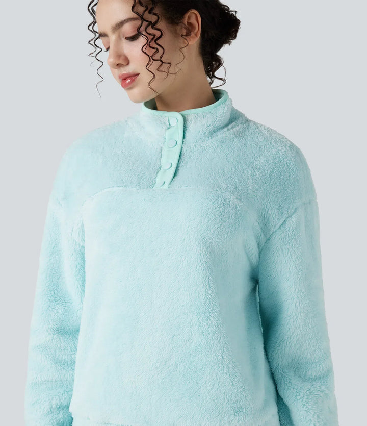 Stand Collar Button Casual Fleece Sweatshirt