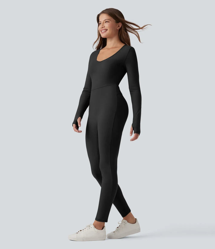Halara HeatCore V-neck Long Sleeve Thumb Holes Skinny Casual Warming Jumpsuit-Easy Peezy