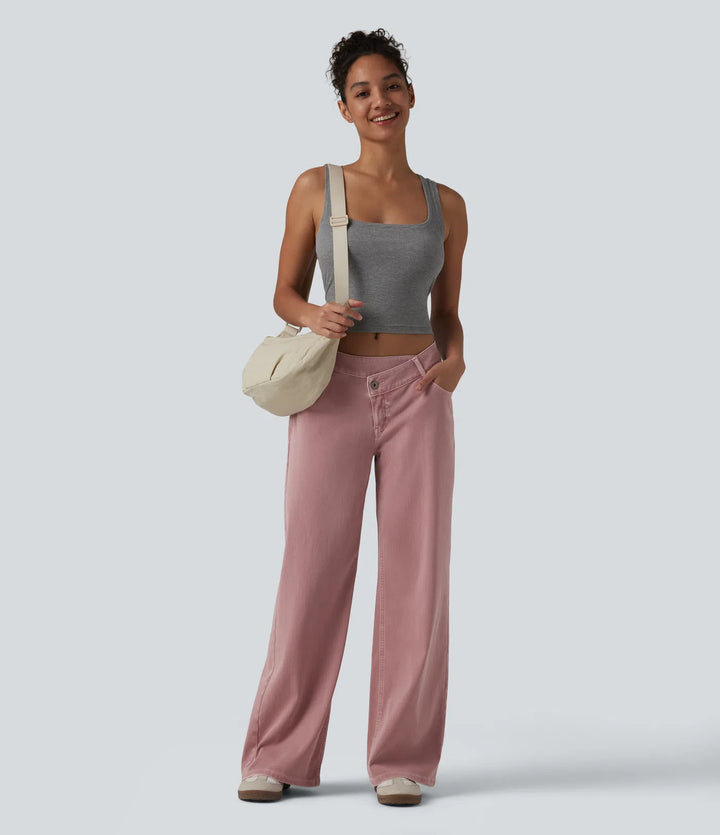 Halara Flex Asymmetric Low Rise Wide Leg colourful Casual Jeans with Pockets