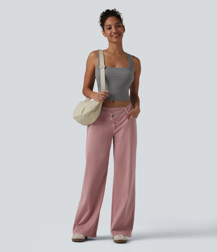 Halara Flex Asymmetric Low Rise Wide Leg colourful Casual Jeans with Pockets