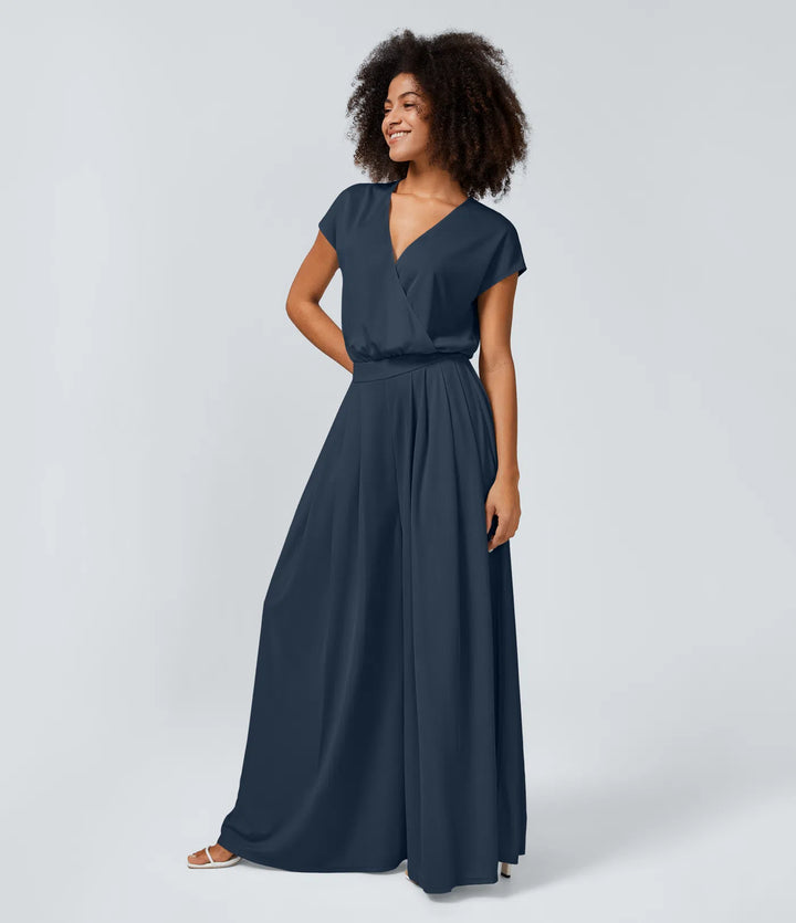 V Neck Short Sleeve Side Pocket Wide Leg Flowy Waffle Casual Jumpsuit
