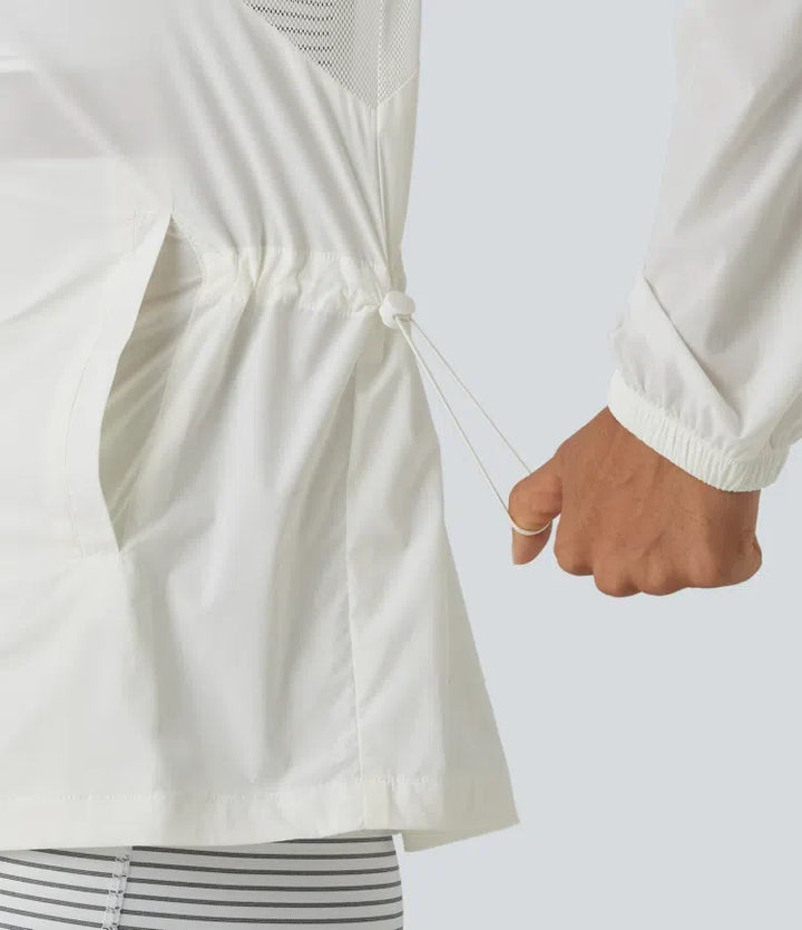 Hooded Drawstring Contrast Mesh Workout Jacket with Pockets