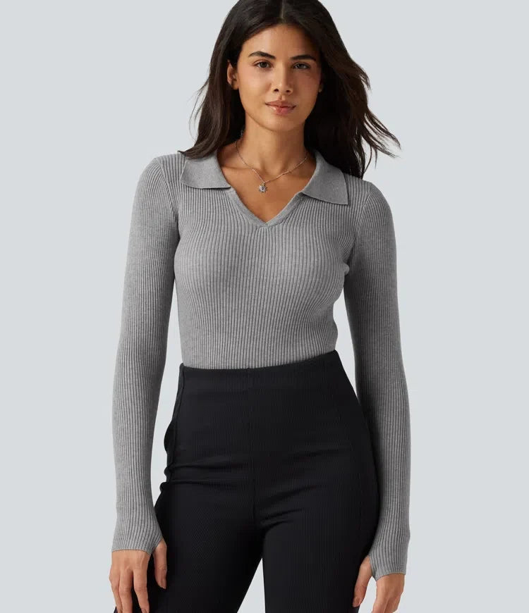 Lapel Long Sleeve Thumb Hole Work Jumper