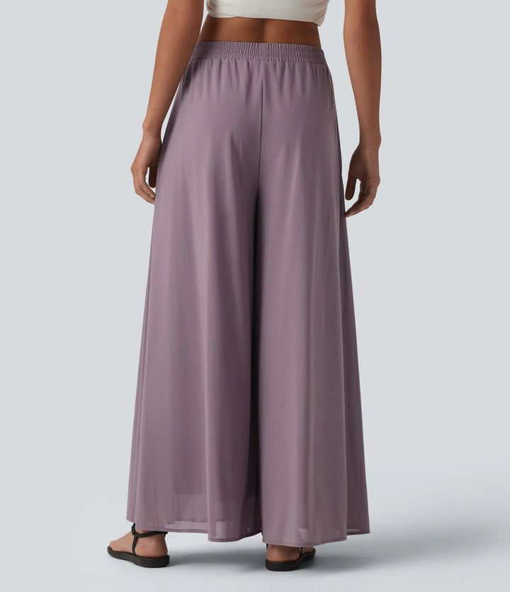 High Waisted Pocket Mesh Overlay Wide Leg Casual Trousers
