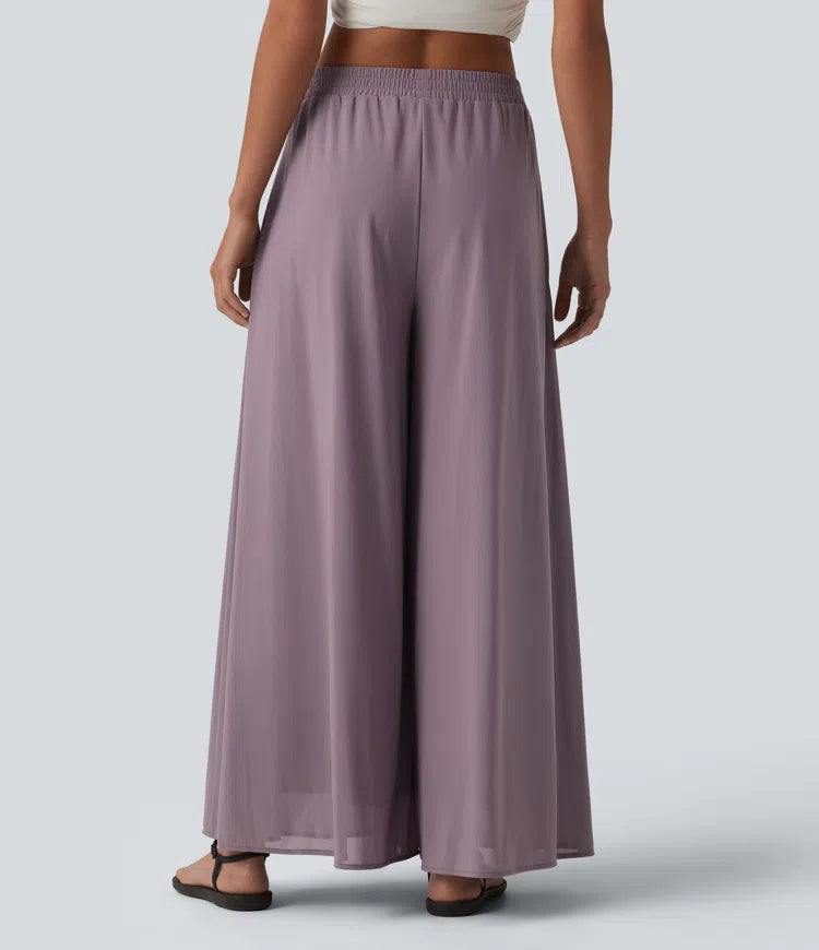 High Waisted Pocket Mesh Overlay Wide Leg Casual Trousers