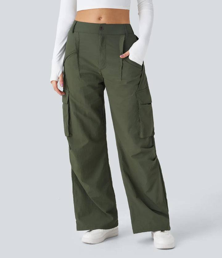 Mid Rise Button Zipper Side Pocket Wide Leg Casual Cargo trousers