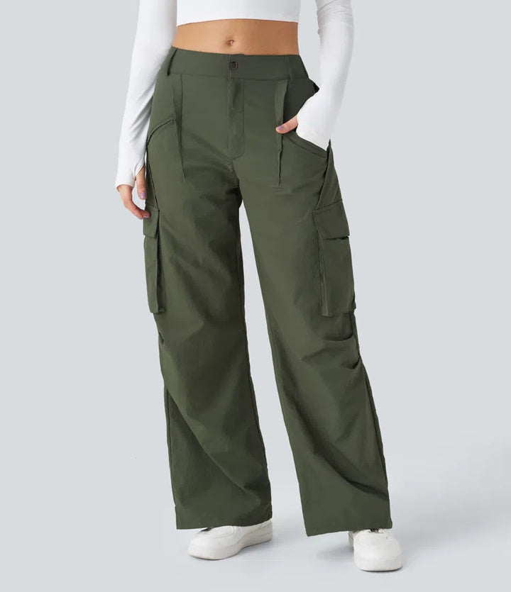 Mid Rise Button Zipper Side Pocket Wide Leg Casual Cargo trousers