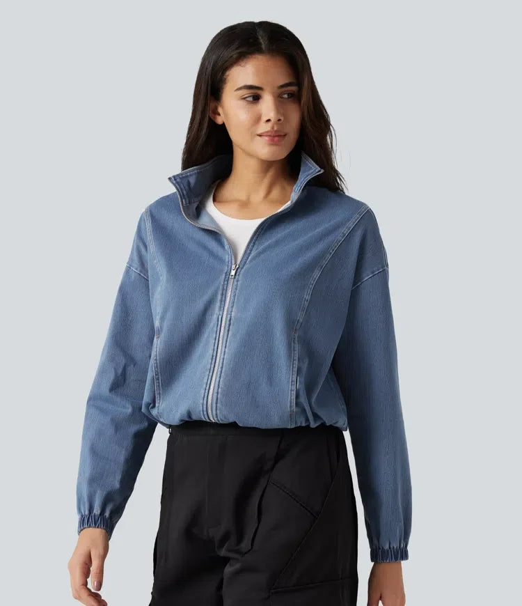 Halara Flex High Neck Long Sleeve Denim Casual Jacket with Pockets