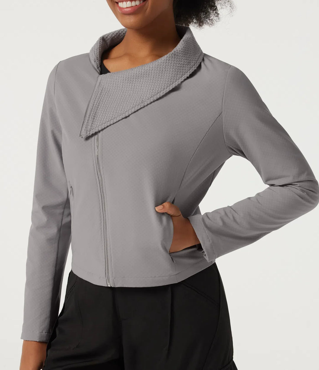 Asymmetric Collar Long Sleeve Casual Jacket with Pockets