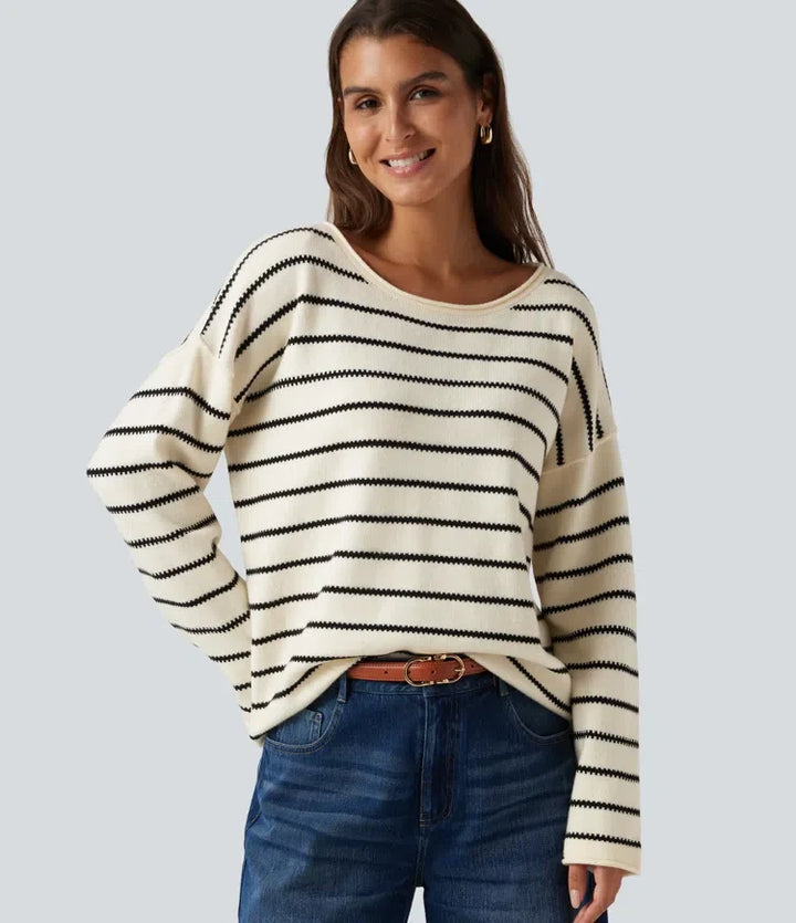 Boat Neck Long Sleeve Stripe Rolled Hem Oversized Casual Jumper