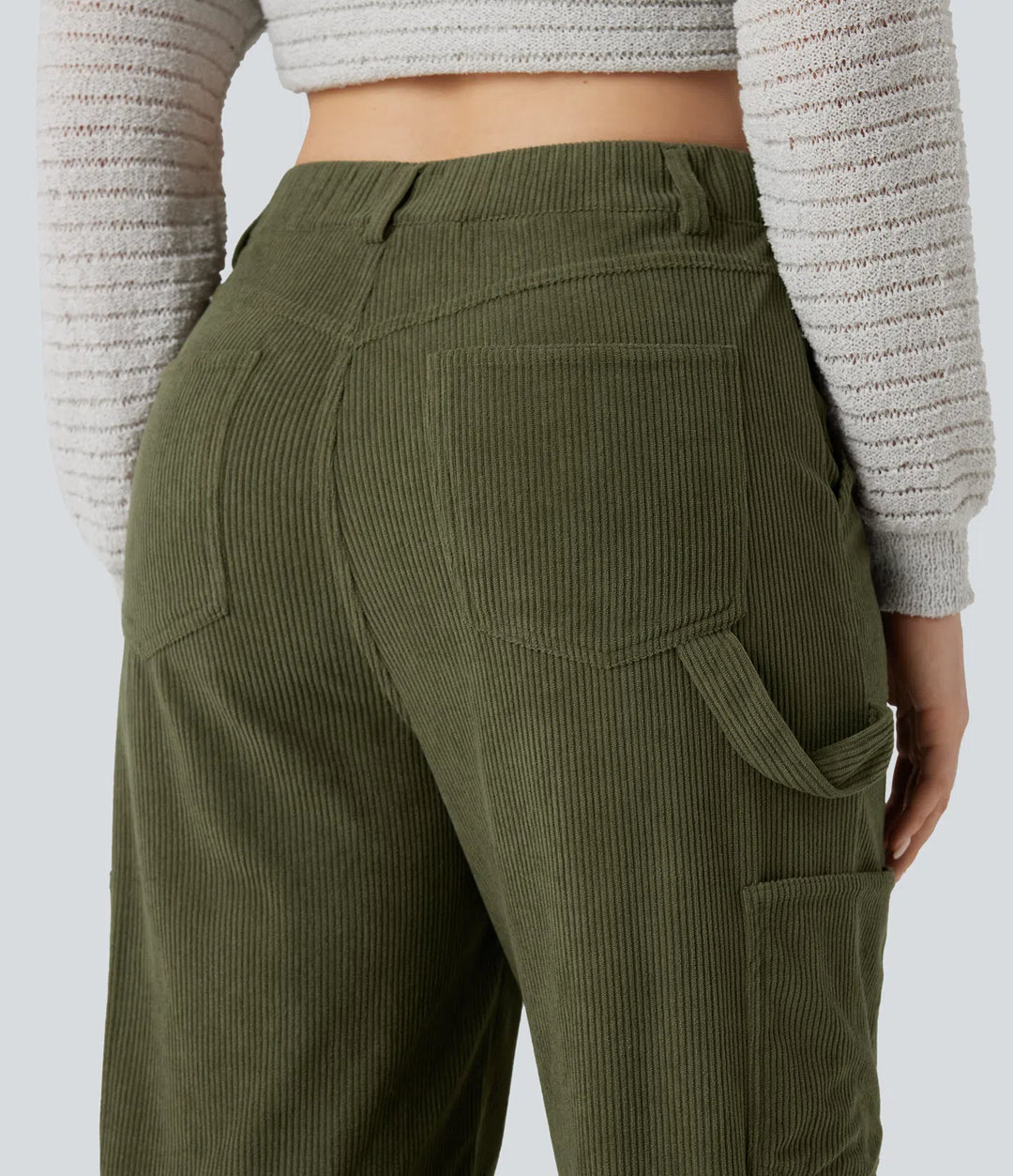 High Waisted Straight Leg Corduroy Casual Trousers with Pockets