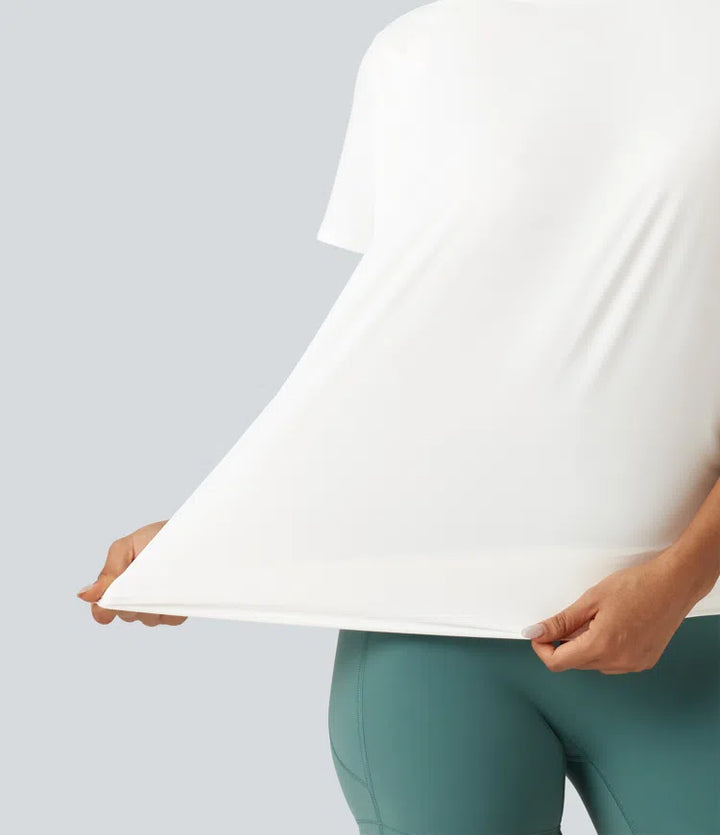 Round Neck Short Sleeve Ruched InstantCool Yoga Sports Top-Longer Length-UPF50+