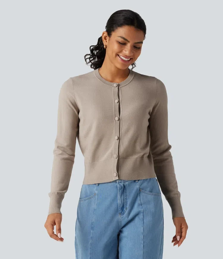 Round Neck Long Sleeve Button Fly Work Cardigan