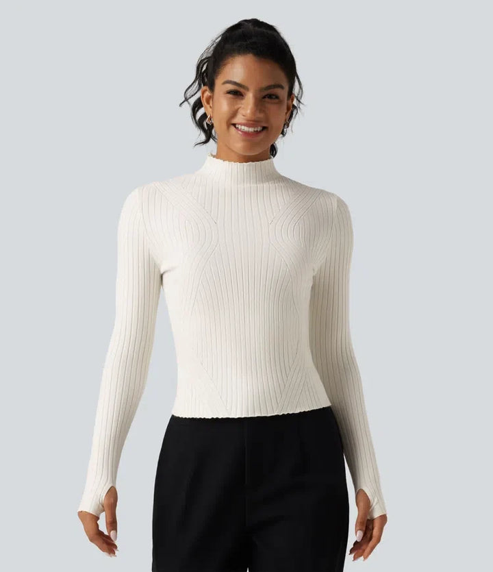Mock Neck Long Sleeve Slim Work Jumper with Thumbholes