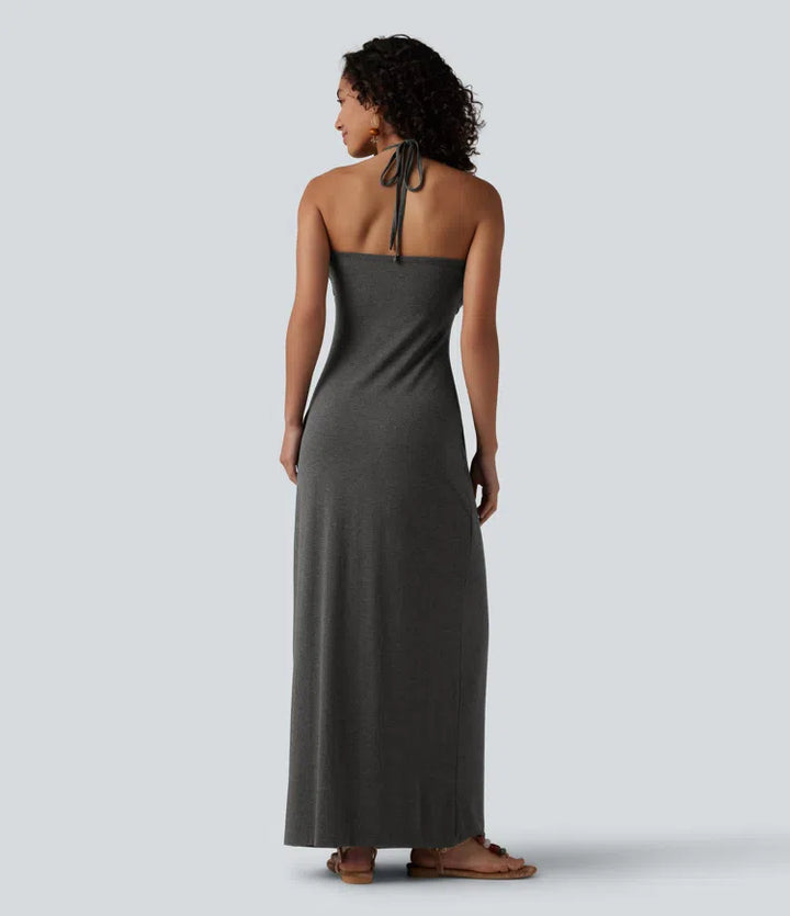 Halter Tie Back Built-in Bra Maxi Dress with Pockets