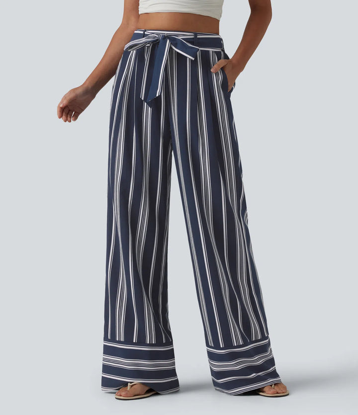 High Waisted Belted Stripes Resort Baggy Trousers with Pockets