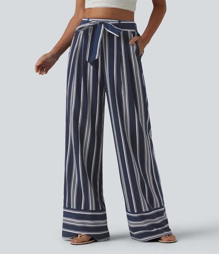 High Waisted Belted Stripes Resort Baggy Trousers with Pockets