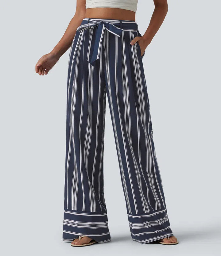 High Waisted Belted Stripes Resort Baggy Trousers with Pockets