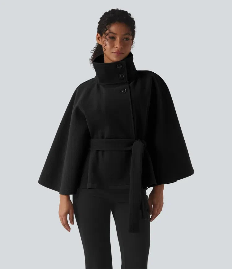 High-neck Long Sleeve Belted Work Cape Coat