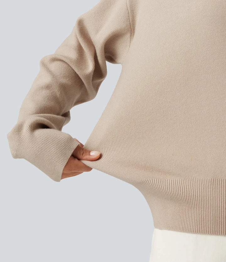 Round Neck Dropped Long Sleeve Color Block Work Jumper