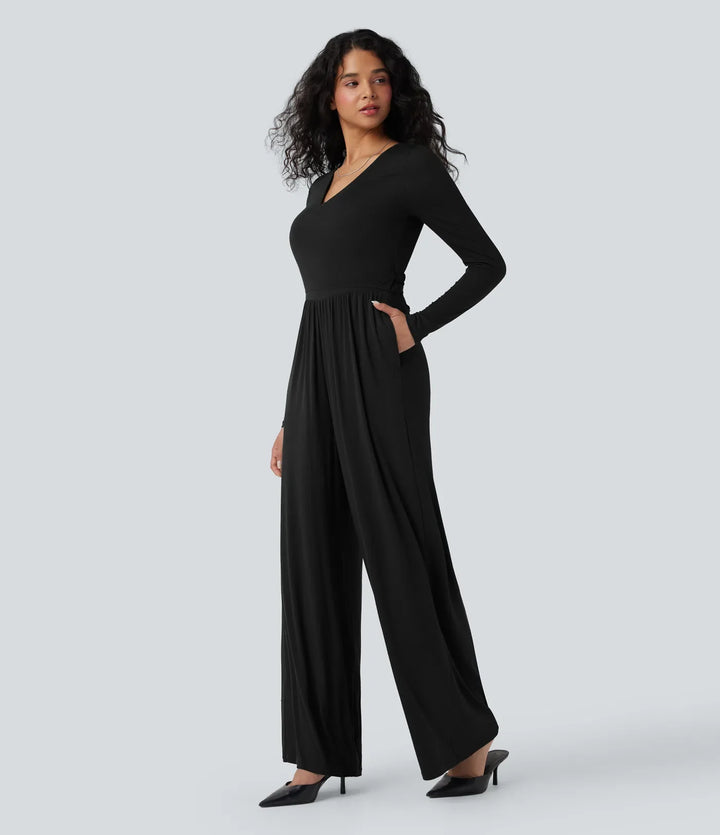 Ribbed V Neck Wrapped Tie Back Long Sleeve Wide Leg Casual Jumpsuit with Pockets-Easy Peezy Edition