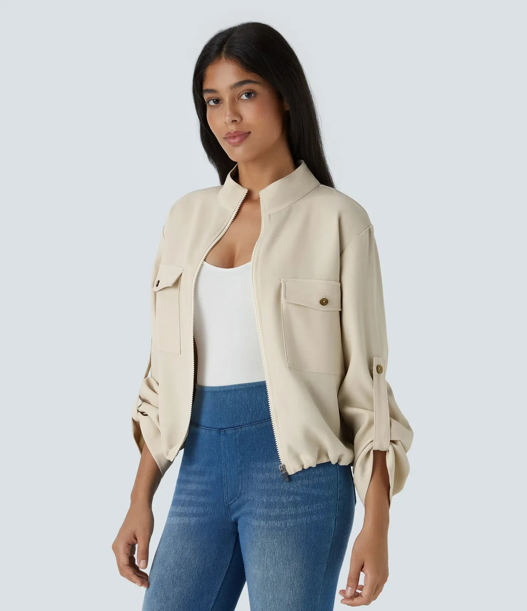 Stand Collar Roll Tab Sleeve Flap Pocket Inside Drawstring Hem Zip Casual Jacket
