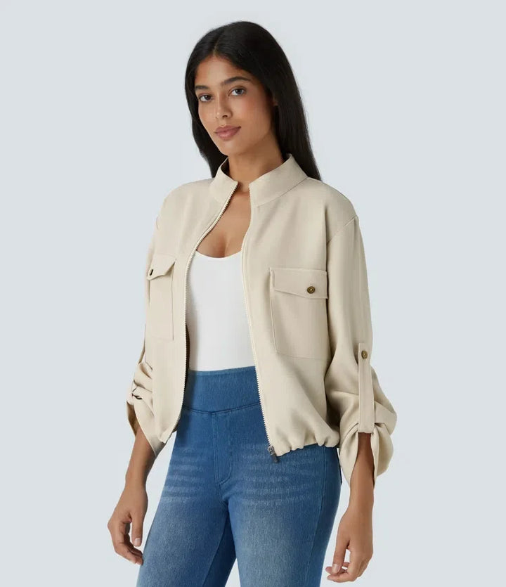 Stand Collar Roll Tab Sleeve Flap Pocket Inside Drawstring Hem Zip Casual Jacket