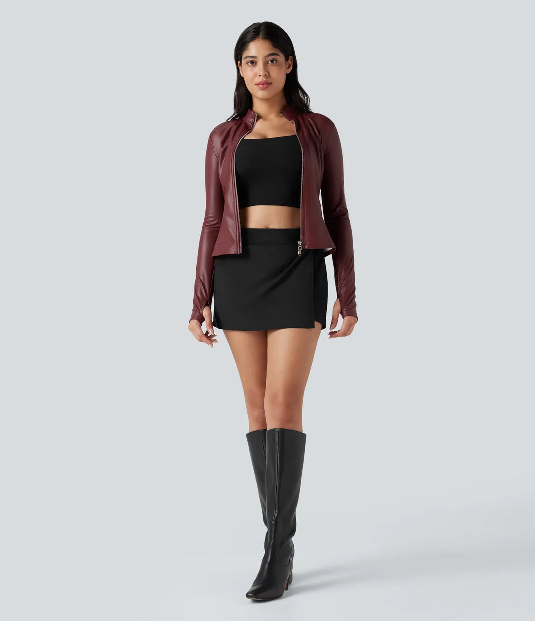 Stand Collar Long Sleeve Thumb Hole Fleece Casual PU Leather Jacket