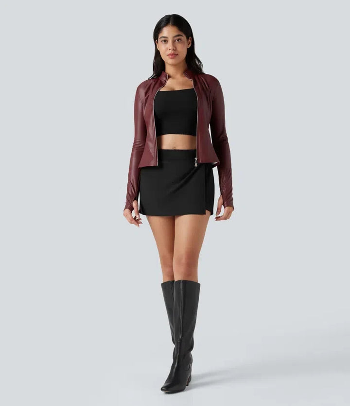Stand Collar Long Sleeve Thumb Hole Fleece Casual PU Leather Jacket