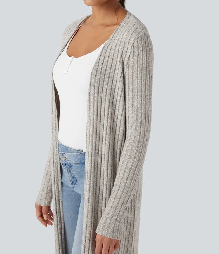 Ribbed Knit Long Sleeve Split Casual Longline Cardigan