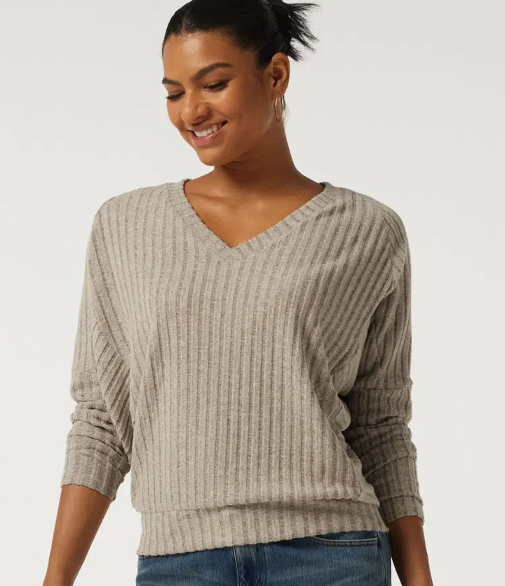 Ribbed Knit V Neck Long Sleeve Casual Top