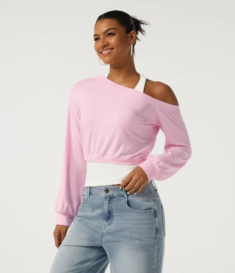 Halter One Shoulder Long Sleeve 2-in-1 Asymmetric Color Block Casual Sweatshirt