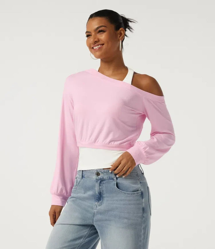 Halter One Shoulder Long Sleeve 2-in-1 Asymmetric Color Block Casual Sweatshirt