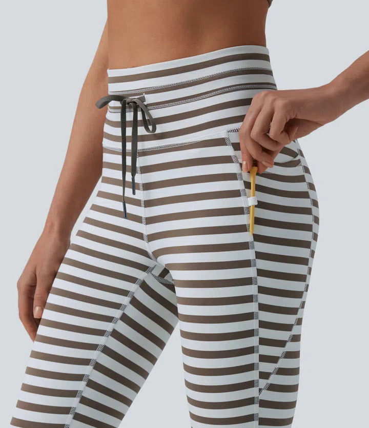 High Waisted Drawstring Stripe Yoga Leggings with Pockets