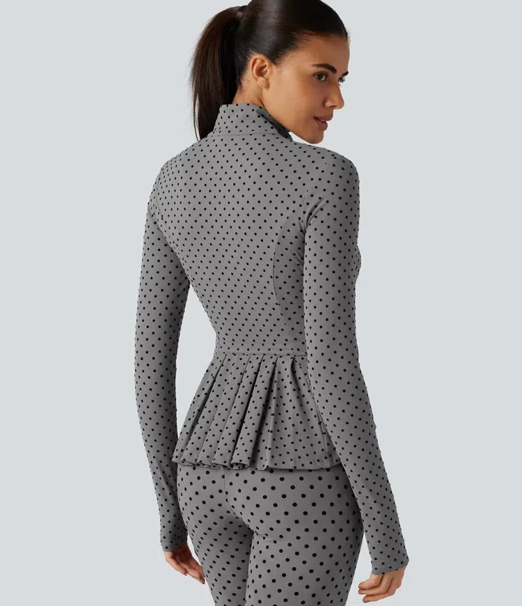 Halara UltraSculpt Stand Collar Long Sleeve Thumb Hole Pleated Polka Dot Yoga Jacket with Pockets
