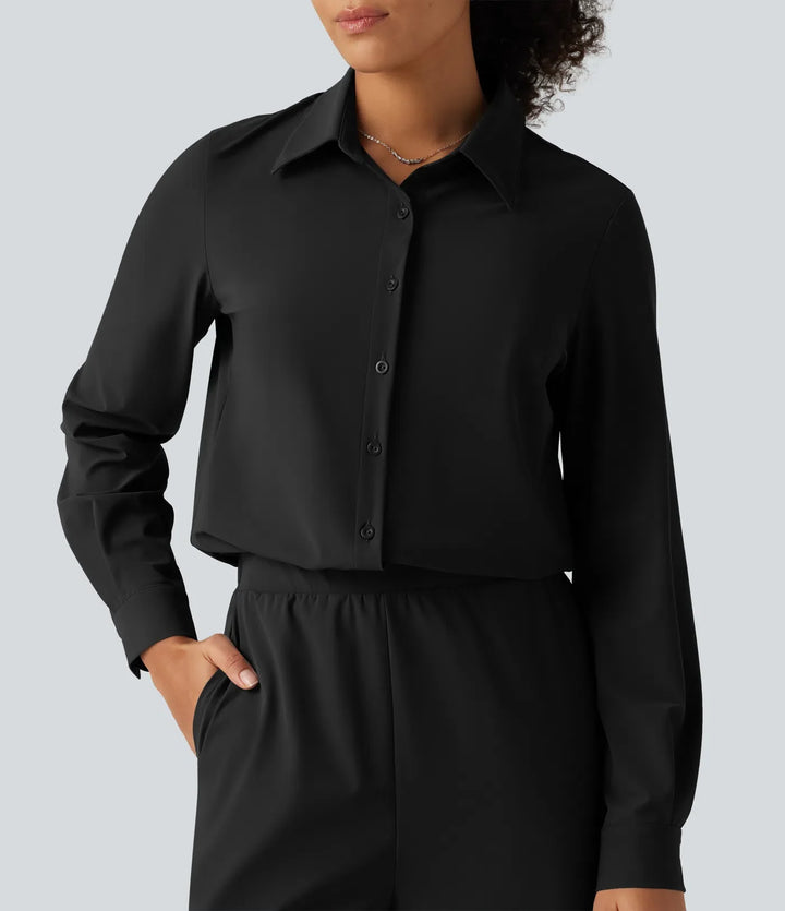 Long Sleeve Straight Leg Work Shirt Jumpsuit with Pockets-Easy Peezy Edition
