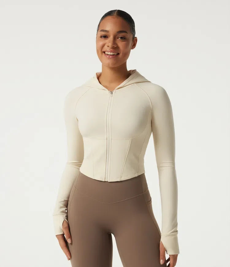 Hooded Long Sleeve Workout Jacket with Thumb Hole