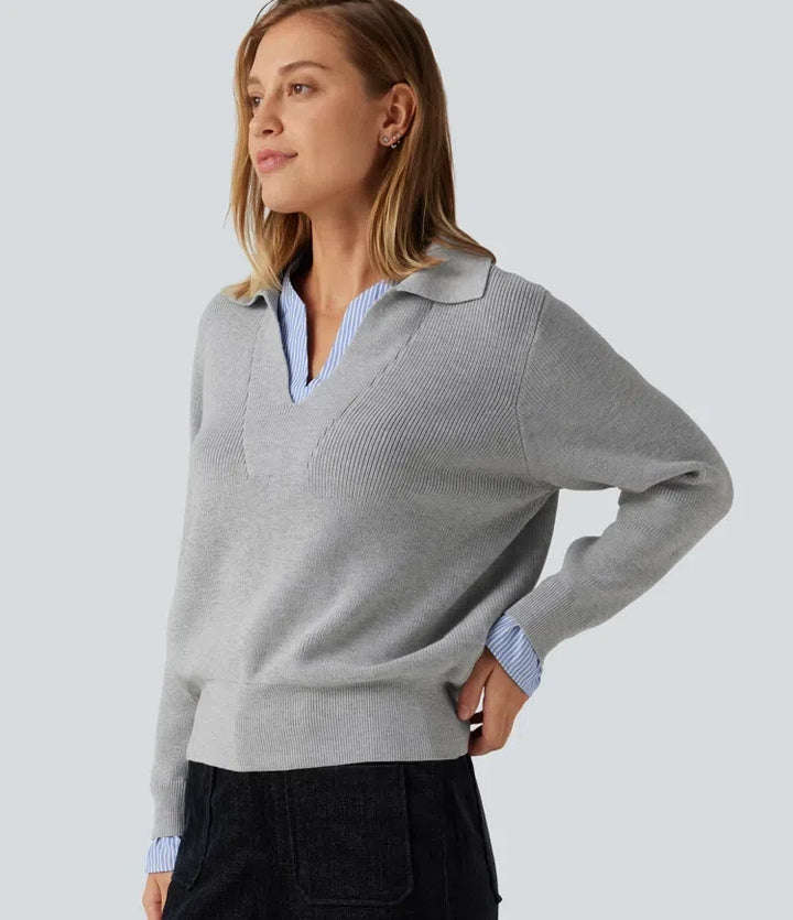 Collared V Neck Long Sleeve 2-in-1 Work Jumper