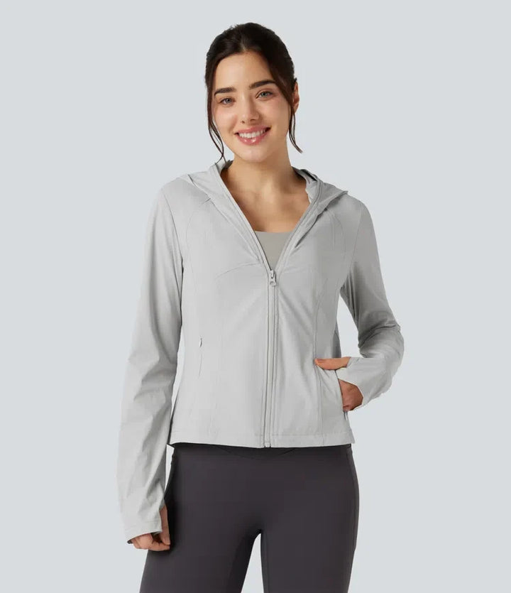 Hooded Long Sleeve Thumb Hole Zipper Hiking Jacket with Pockets-UPF40+